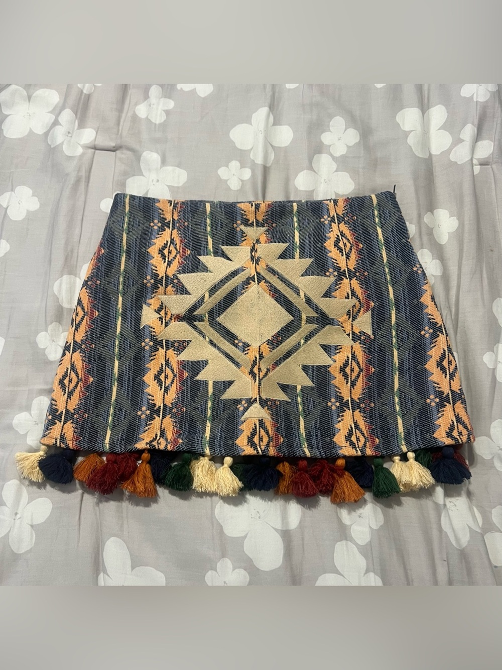 Judith March Navy and Tan Southwestern Tassel Mini Skirt